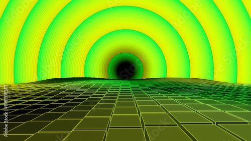 Background: 3D Neon Cube Corridor with circular patterns in yellow and green, videotrons, advertising, gaming, virtual environments, music, digital billboards, virtual reality, live events, meeting