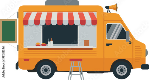 Modern yellow food truck with menu board and megaphone in minimalist flat design style