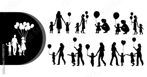 A group of silhouetted families and children holding balloons in a celebratory scene