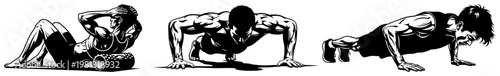 Athletic man performing fitness exercises set including push ups and core crunches with foam roller, black and white sports workout illustrations