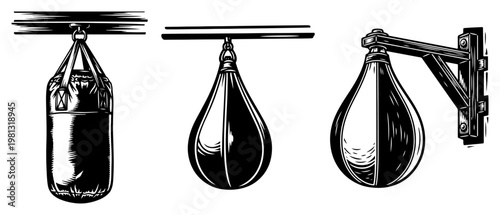 Professional boxing equipment collection with heavy punching bag and speed bags, vintage woodcut style gym gear icons for combat sports