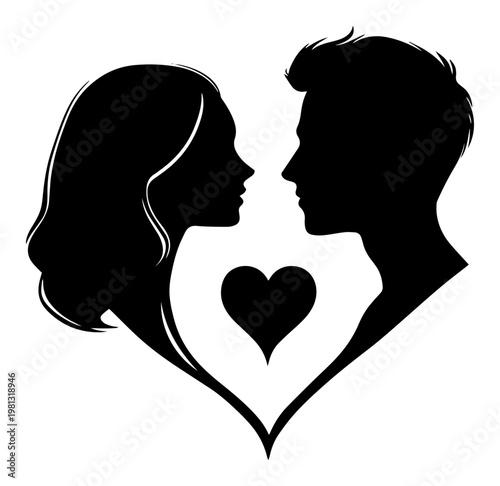 Romantic couple silhouette forming heart shape, man and woman profiles for Valentine's Day or wedding card design
