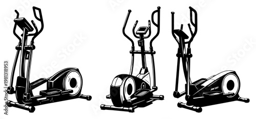 Elliptical cross trainer machine set for cardio workout, professional gym equipment icons for fitness and weight loss
