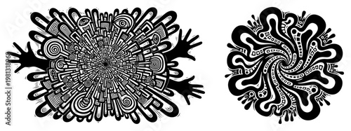 Abstract psychedelic doodle art with hands, trippy circular mandala pattern set for background design