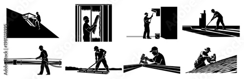 Professional construction workers and manual labor set, builders performing roofing, painting and repair tasks