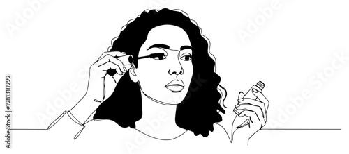 Beautiful woman applying mascara eyelashes makeup continuous one line drawing art for beauty salon branding