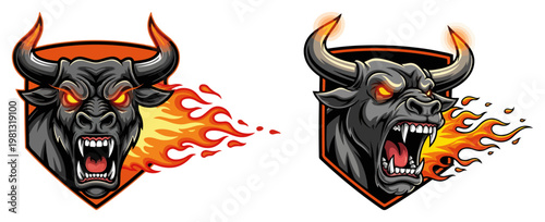 Aggressive bull head mascot with fire and flames, furious buffalo or ox logo for sports team or esports