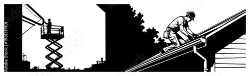 Roofing and industrial maintenance work set, construction worker on roof and technician using scissor lift