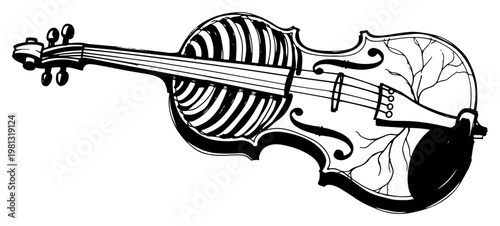Surreal violin with skeleton ribs and cracked texture, gothic musical instrument illustration for dark art concepts
