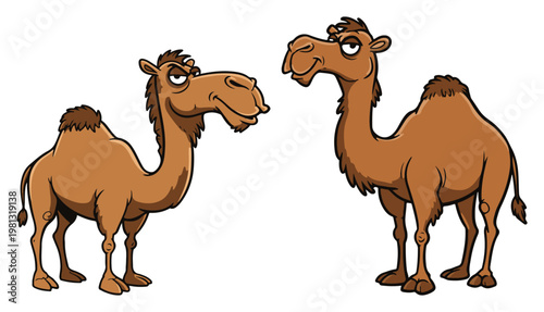 Funny cartoon camel characters set with happy expressions, desert dromedary animals for children illustration