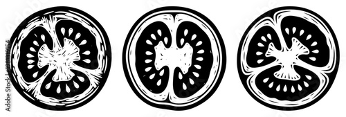 Fresh tomato slices cross section icons set, vintage engraving style organic vegetable for food menu and cooking