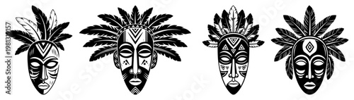 African tribal masks with feathers set, traditional ethnic shaman masks for ritual and decoration