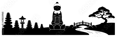 Zen garden landscape silhouette with Buddha statue and bonsai tree, peaceful meditation scenery with bridge