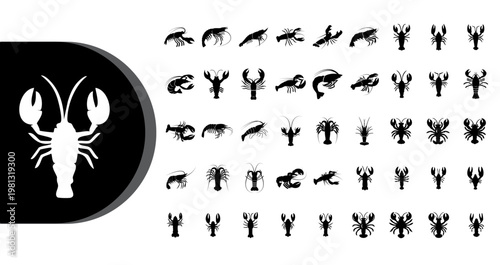 A collection of various lobster and crayfish silhouettes on a white background