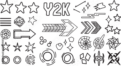 Retro Y2K Aesthetic Graphic Elements Set, Abstract Geometric Shapes and Star Doodles, Trendy 90s Style Vector Icons