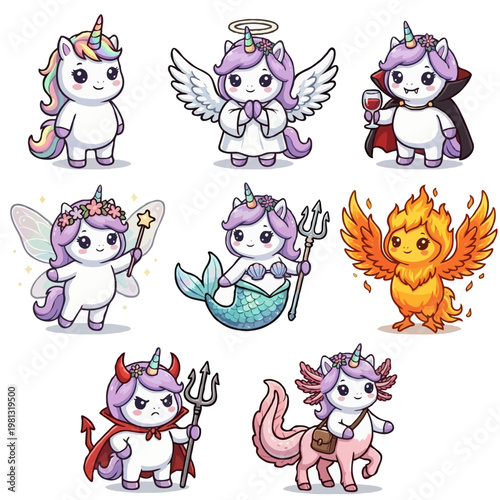 Set of 8 Cute Unicorn Mythical Characters: Kawaii Angel, Vampire, Fairy, Mermaid, Phoenix, Devil, Axolotl-Centaur Unicorn Vector Illustrations