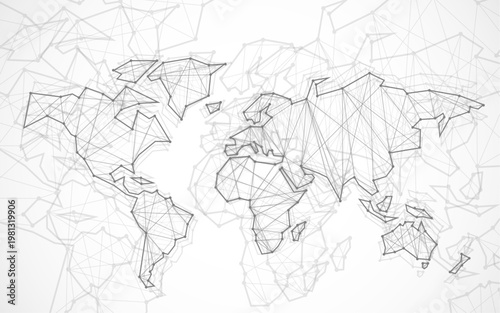 Polygonal abstract world map with connected lines, network connections. Vector illustration