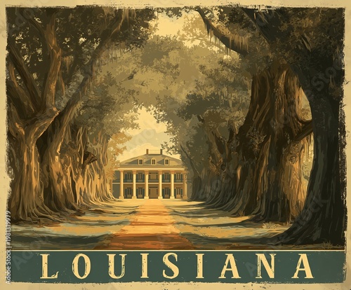 A grand plantation mansion is framed by towering oak trees draped in Spanish moss. The vintage poster captures Louisiana’s historic charm and timeless elegance.