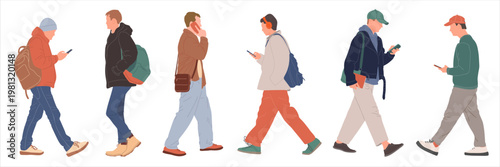 Men walking  and using phone on the go. People set. Side view. Wear warm clothes, some with backpacks or headset.