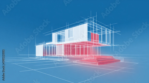 Architectural Blueprint House Design With Red Accents On Blue Background For Construction Concepts