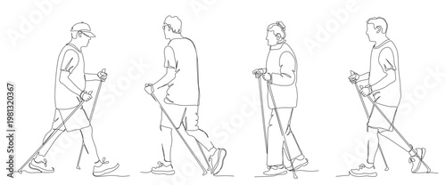 Elderly men and woman at nordic walking activity. Linear drawing. Black and white vector illustration in line art style. Editable stroke.