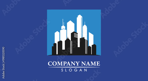 A minimalist logo design showcasing a dark silhouette of a modern city skyline against a bright blue backdrop