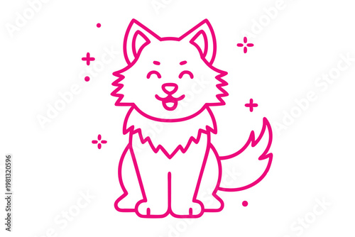 Modern Fluffy Animal Character in Basic Line Art Cartoon, Smiling Gently