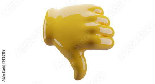 Yellow 3D hand giving thumbs down gesture against black background glossy render with smooth contours disapproval sign and decline expression