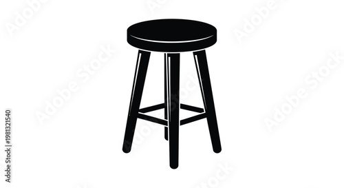 A simple black silhouette of a wooden stool with a circular seat and four legs