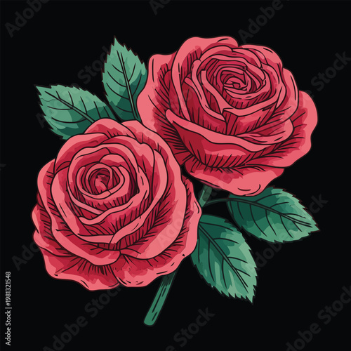Two romantic red roses with green leaves vector illustration; beautiful floral symbol of love and passion for Valentine's Day, wedding invitations, and romantic gifts.