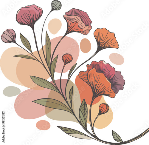 Modern abstract floral design with pastel colors and organic shapes vector illustration; minimalist botanical art for home decor, invitation cards, and contemporary aesthetics