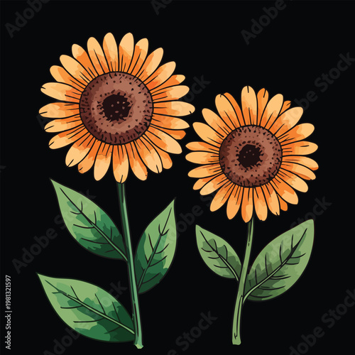 Two vibrant yellow sunflowers on black background vector illustration; elegant botanical floral art for summer theme, greeting cards, and modern wall decor.
