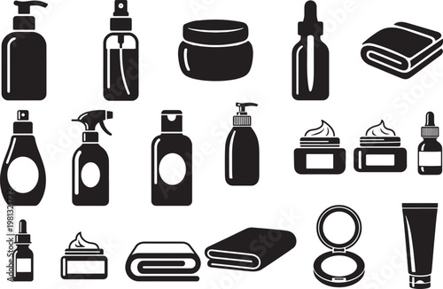 Modern glyph personal care icon set featuring various hygiene and cosmetic products for beauty and spa concepts