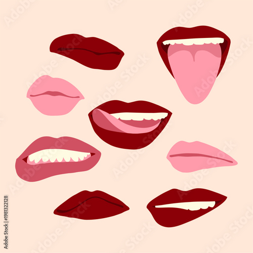 Stylized Female Lips Collection on Beige Background, Flat Vector Beauty Illustration