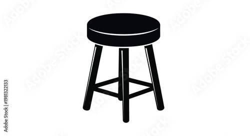 A simple black silhouette of a wooden stool with a circular seat and three legs