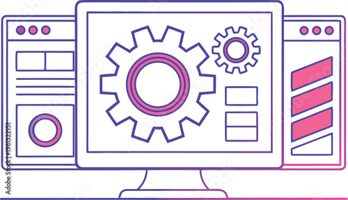 Computer monitor displaying gear and data windows for technical system configuration setup