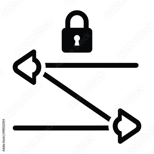 Secure data transmission vector icon with padlock and routing arrows
