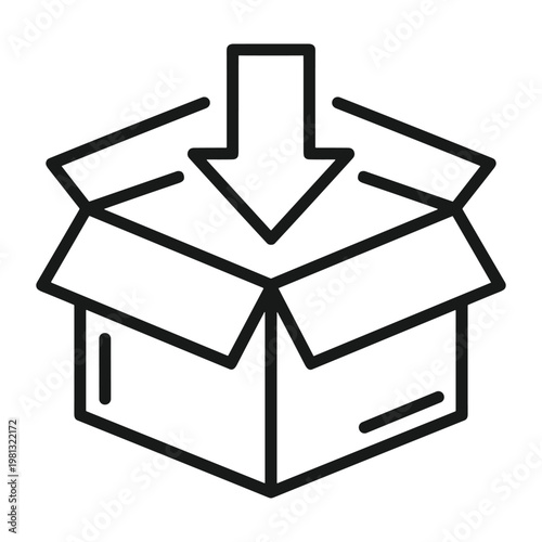 Open cardboard box with downward arrow for receiving shipment icon
