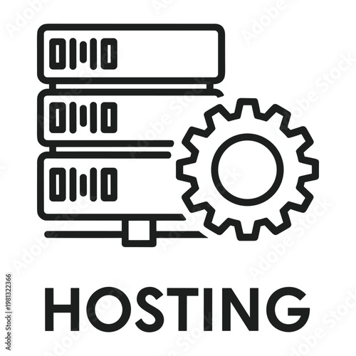 Hosting service icon with server rack and mechanical gear symbol