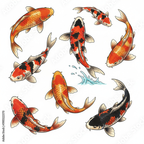 A colorful illustration of koi fish swimming in a circular pattern on a white background