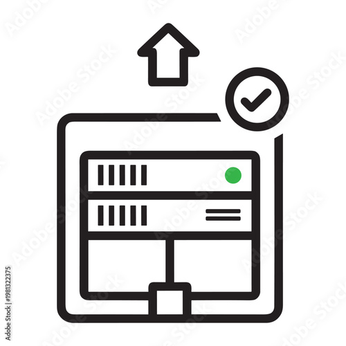 Server status success icon with upload arrow and checkmark symbol