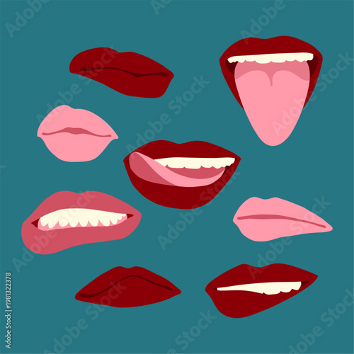 Female Lips Set on Teal Background, Pop Art Mouth Collection, Flat Vector Illustration