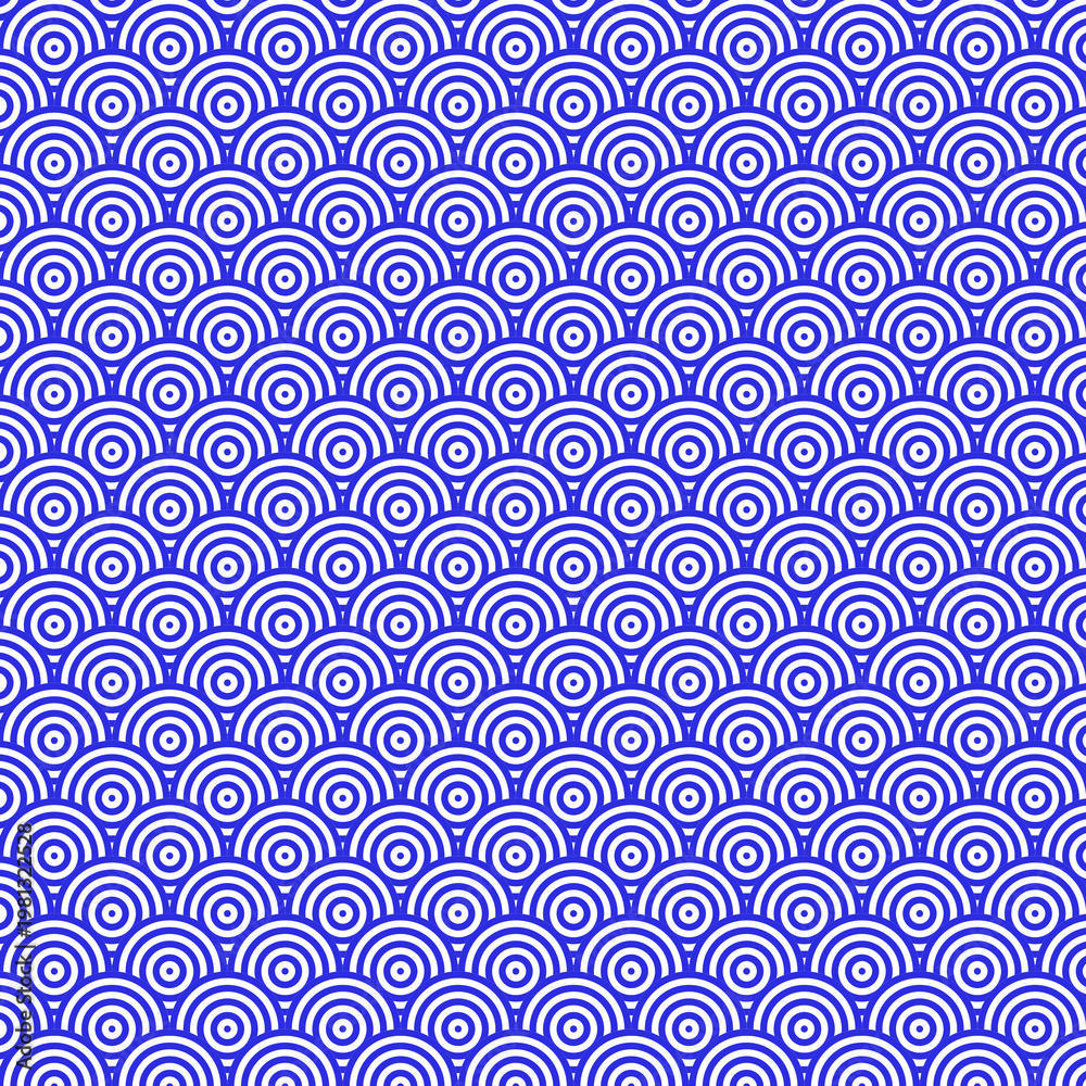 Obraz premium Seamless blue and white concentric circle pattern, reminiscent of Japanese Seigaiha waves, creating a calming, repetitive, and abstract background.