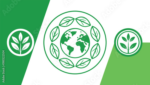 Eco friendly concept with earth globe and leaf on a green and white diagonal background
