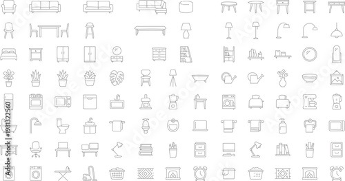 Modern Home Interior Outline Icon Set – Minimal Furniture and Decor Line Vector Pack
