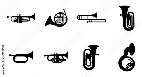 Brass musical instrument silhouette set, 8 black vector icons of trumpet, trombone and tuba, classical orchestra wind instruments on white background