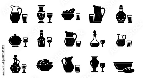 Black silhouette icons of traditional jugs and drinks, set of 15 kitchenware and beverage symbols, minimalist pottery and glassware vector elements
