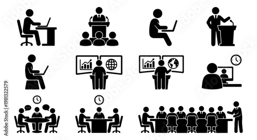 Business meeting and office work icon set, professional corporate presentation and seminar pictograms, 12 black vector stick figures