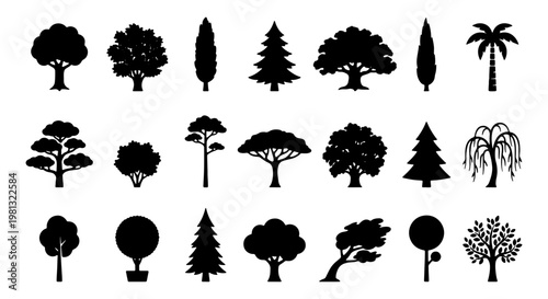 Black tree silhouettes collection, 21 forest and garden plant icons, minimalist pine and palm tree vector set for landscape design and mapping