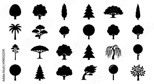 Black tree silhouettes set, 24 minimalist nature icons, flat vector forest and garden plant collection for landscape design and mapping